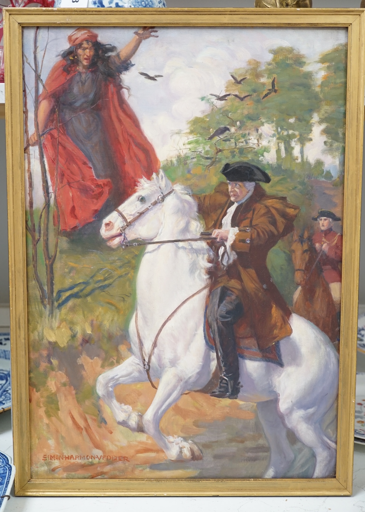 Simon Harmon Vedder (American, 1866-1937), oil on canvas, 'Ride your ways, Laird of Ellangowen', signed, 52 x 36cm. Condition - good